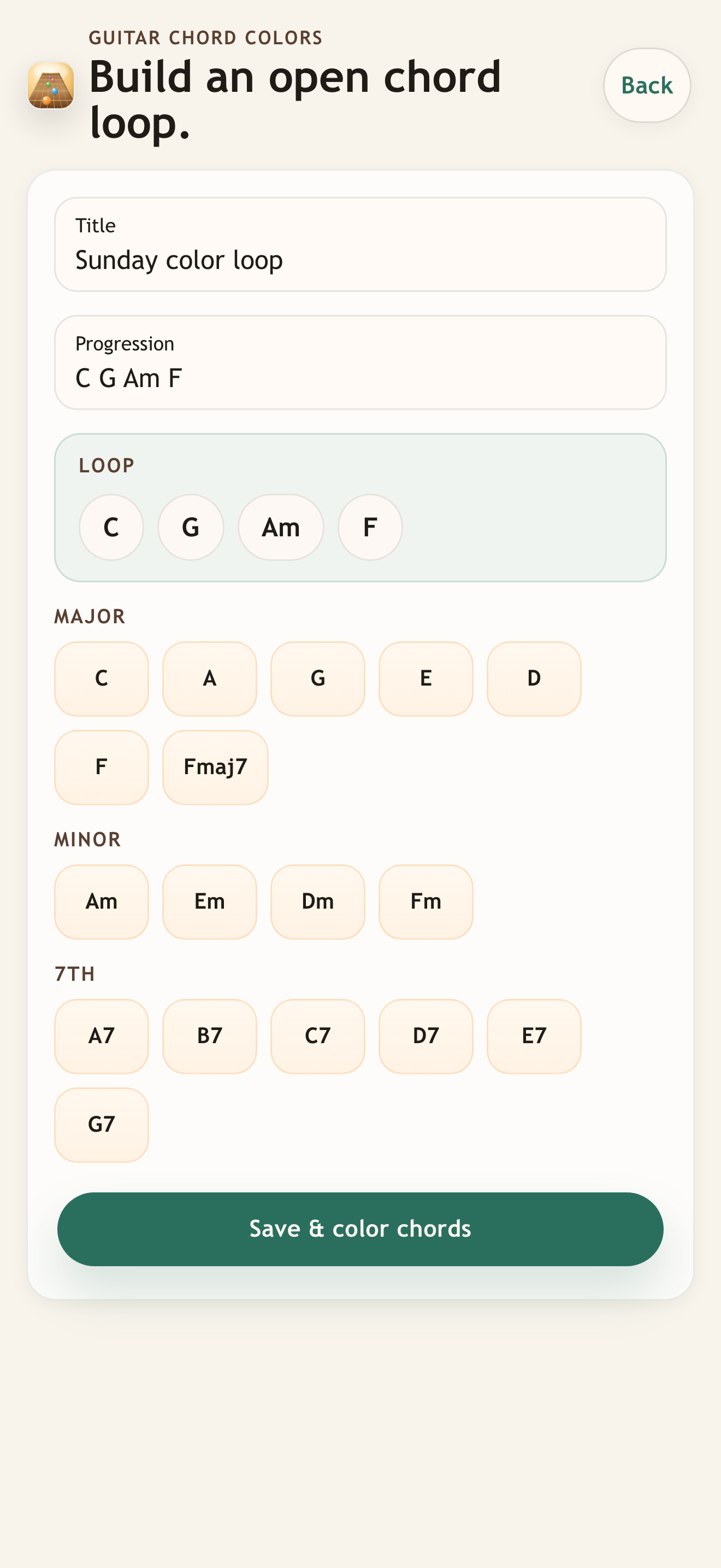 Builder screen for creating a custom open chord loop.