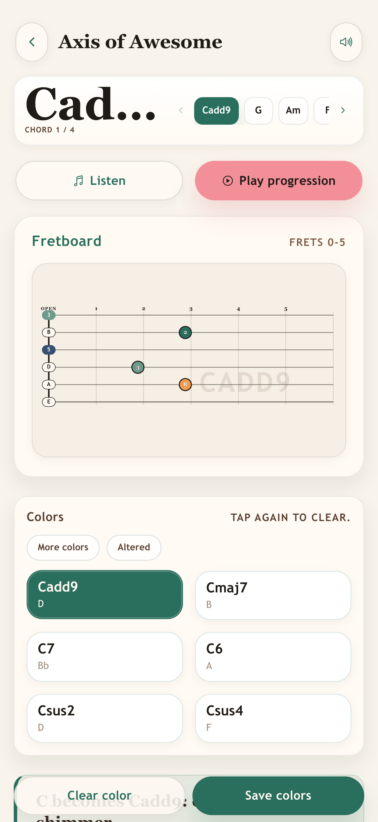 Practice screen showing Cadd9 selected in Guitar Chord Colors.