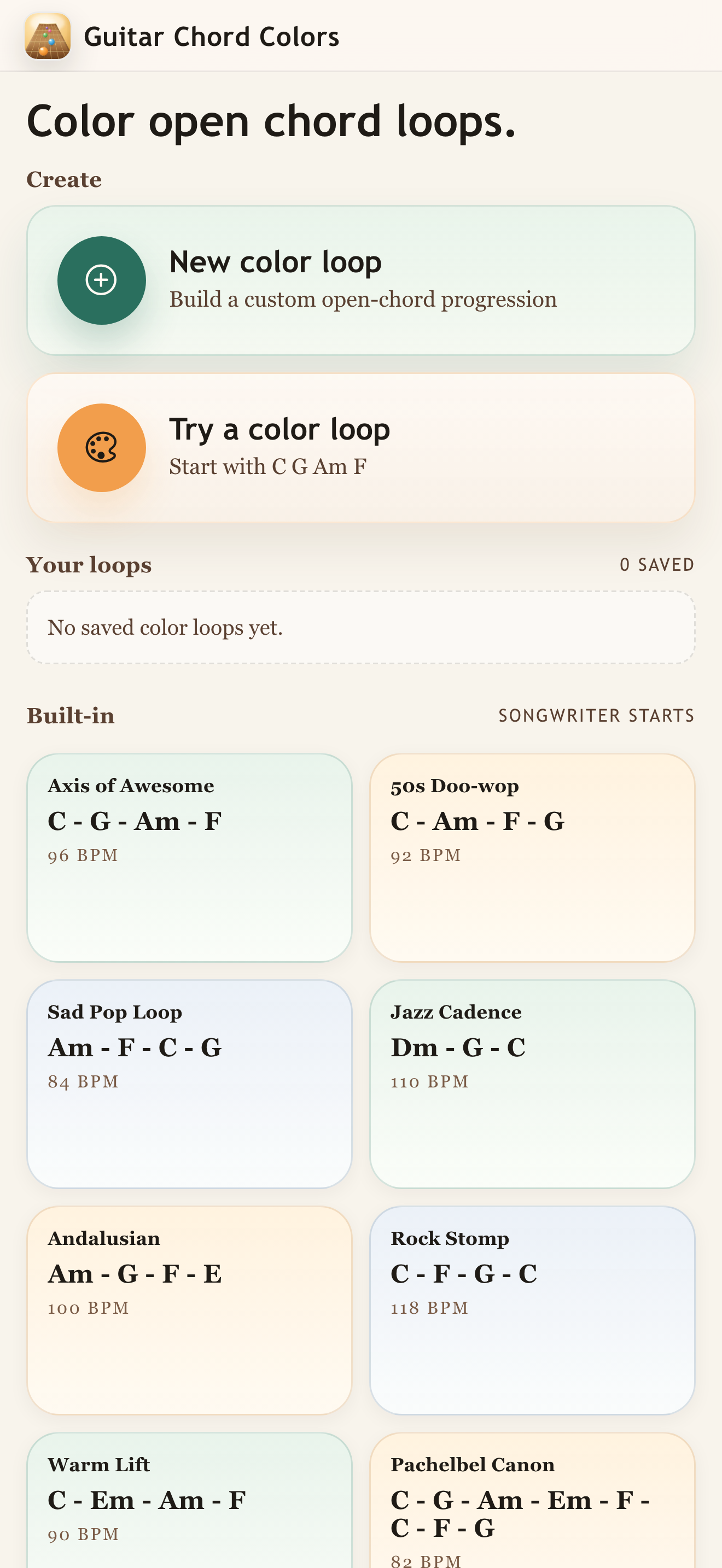 Guitar Chord Colors library showing built-in songwriter loops.