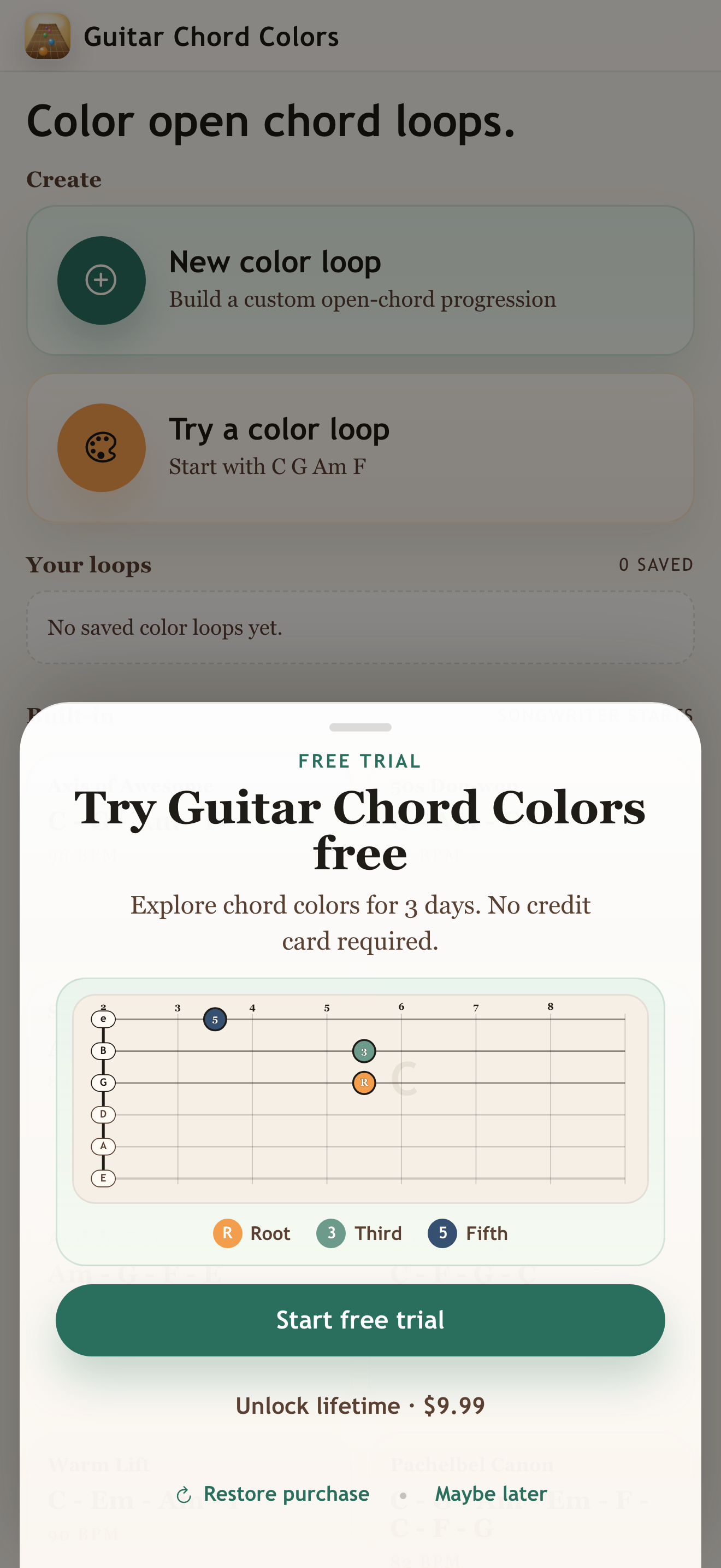 Guitar Chord Colors planned free trial screen.