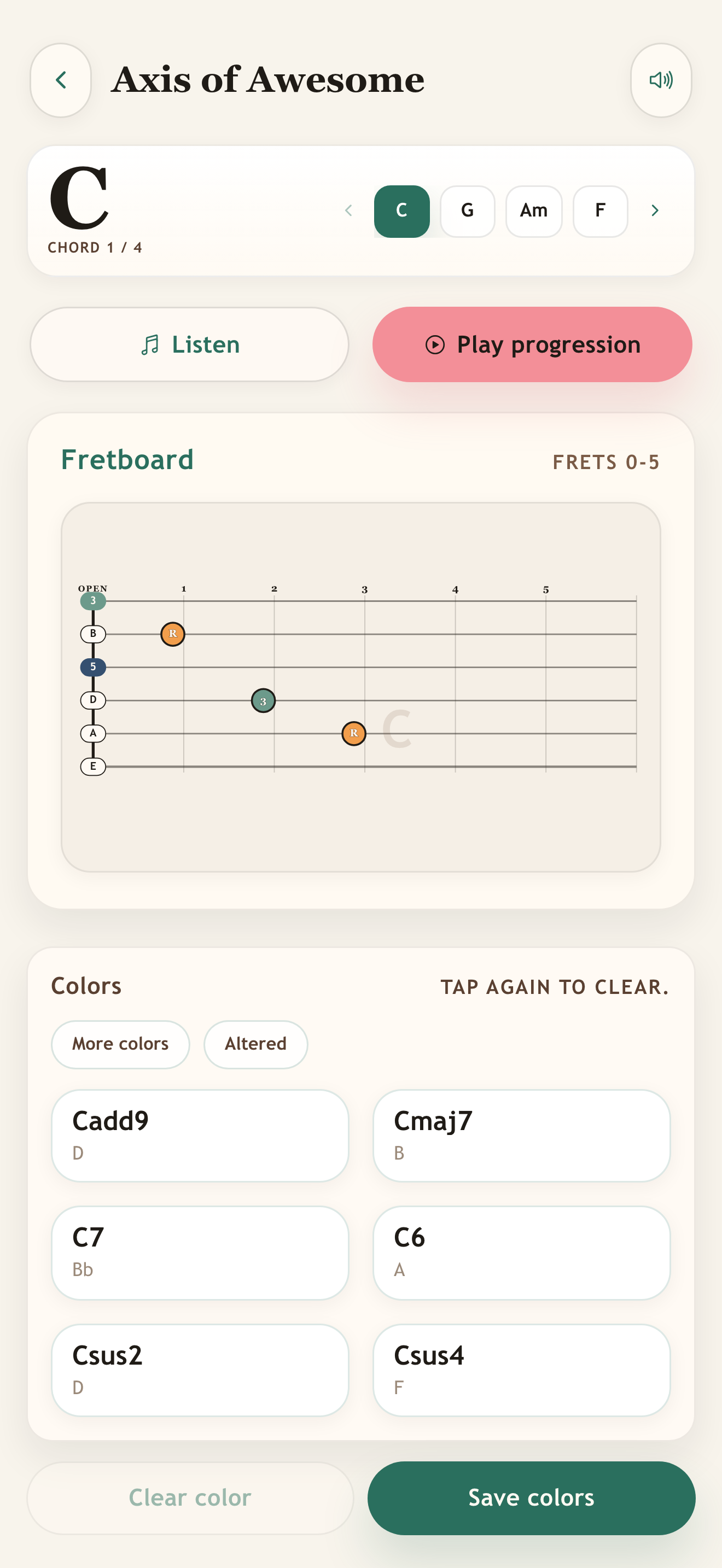 Practice screen showing the current C chord and play progression controls.