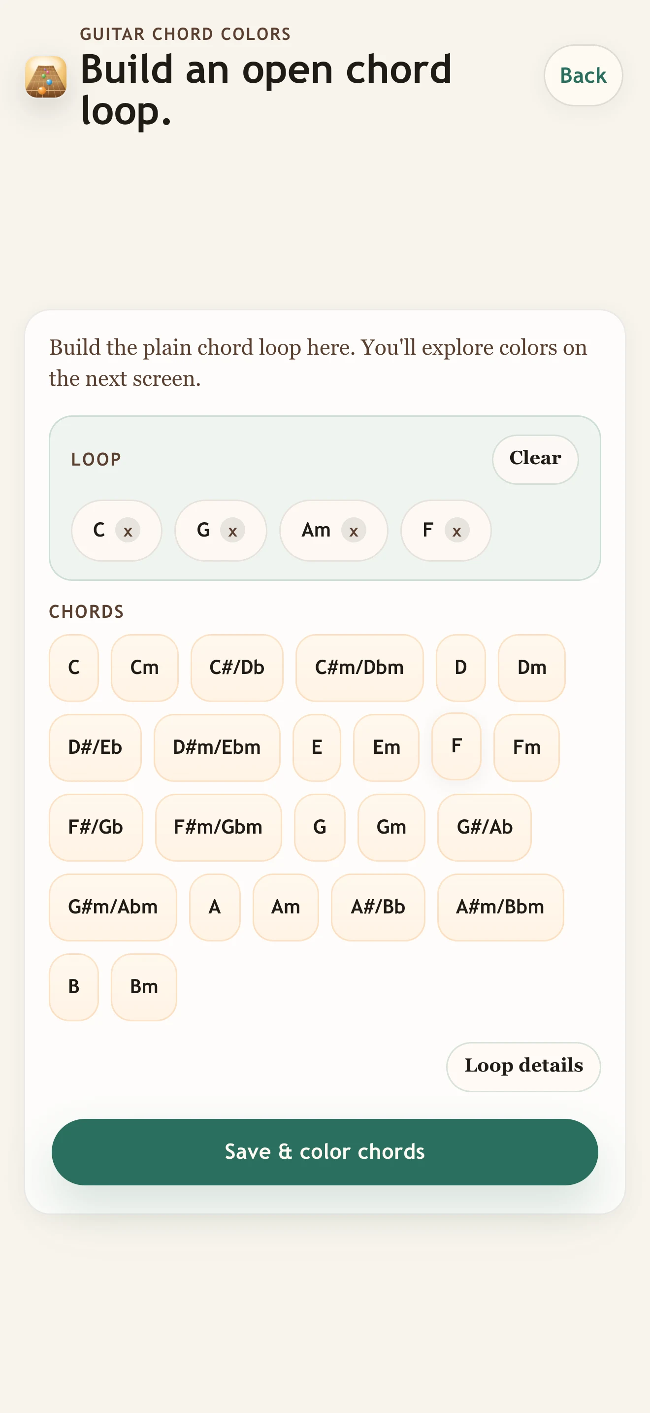Guitar Chord Colors builder screen for creating a custom open chord loop.